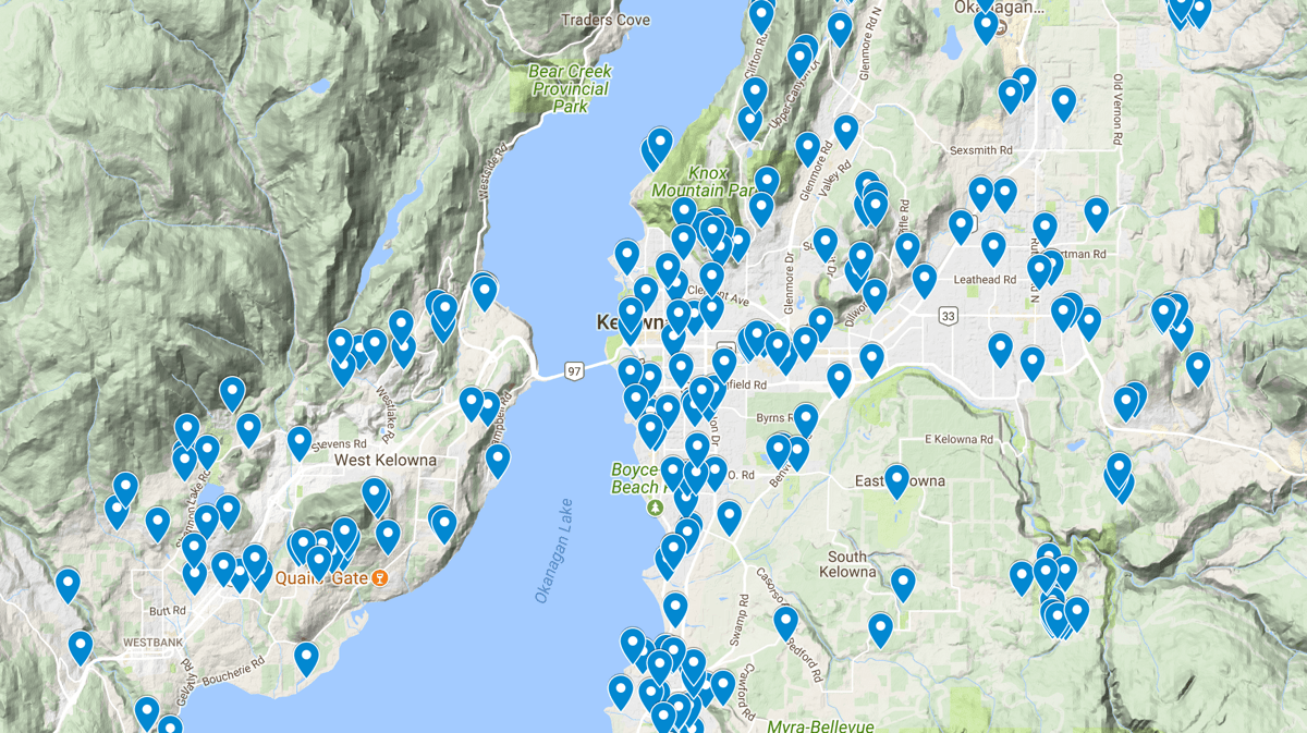 SYNLawn Okanagan installation locations map Map of SYNLawn artificial grass installations across Kelowna and the Okanagan Valley BC